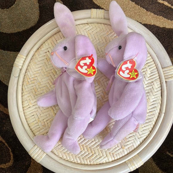 96' VINTAGE TY FLOPPITY BEANIE BABIES B'DAY 5/28/96 SET OF 2 BUNNIES LAVENDER - Picture 17 of 17